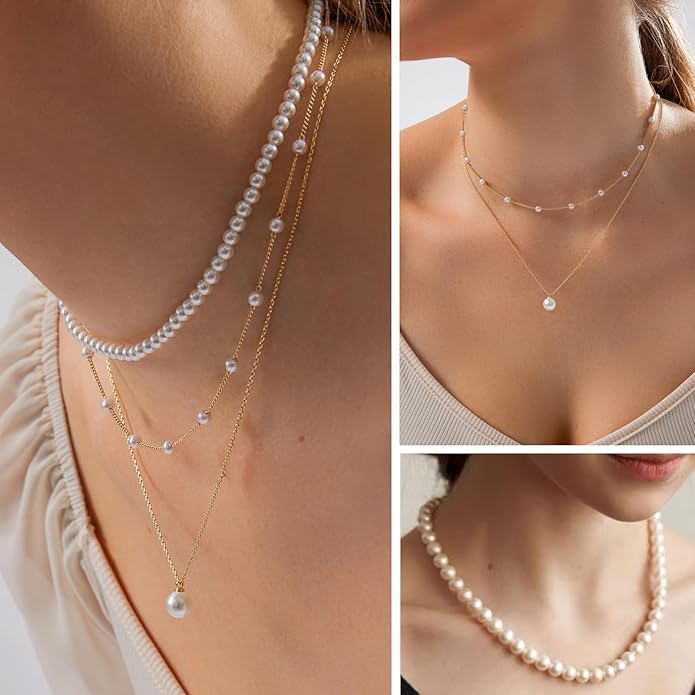 Gold Jewelry Set for Women - Dainty 14K Gold/Silver Plated Pearl Choker Necklace, Drop Earrings & Bracelets - Wedding Trendy Pearl Jewelry Gift