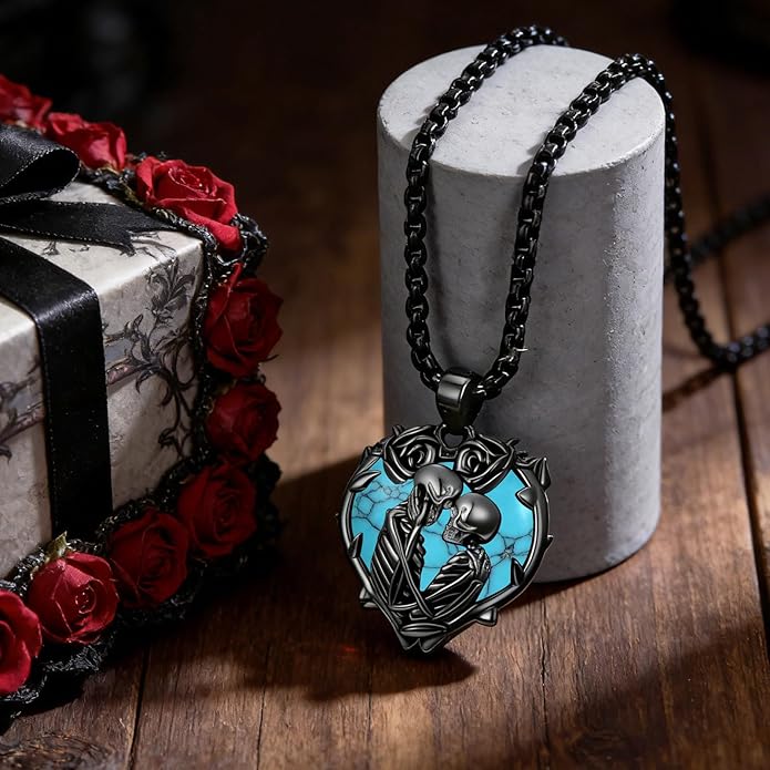 Flpruy 925 Sterling Silver Black Gothic Jewelry Gifts Skeleton Couple Pendant Crystal Birthstone Heart Necklace Punk Romantic Jewelry for Lover Men Women