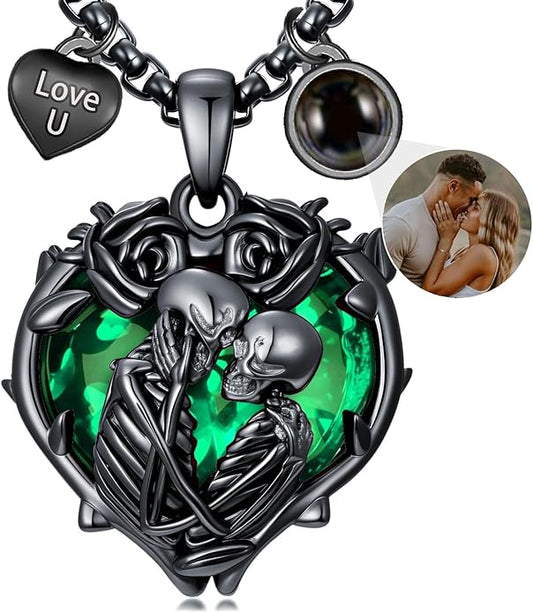 Flpruy 925 Sterling Silver Black Gothic Jewelry Gifts Skeleton Couple Pendant Crystal Birthstone Heart Necklace Punk Romantic Jewelry for Lover Men Women