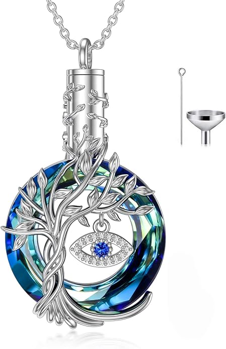 TOUPOP Evil Eye Necklace 925 Sterling Silver Tree of Life Circle Crystal Pendant Necklace Protection Jewelry Amulet Christmas Gifts for Women Her
