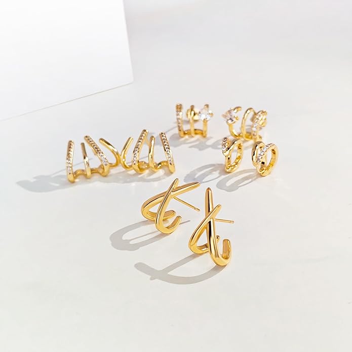 14K Gold Plated Hoop Earrings for Women Triple Huggie Illusion Stud Earring | Double Huggie Hoop Earrings for One Hole | Claw Ear Cuff Earring Jewelry Gift for Women