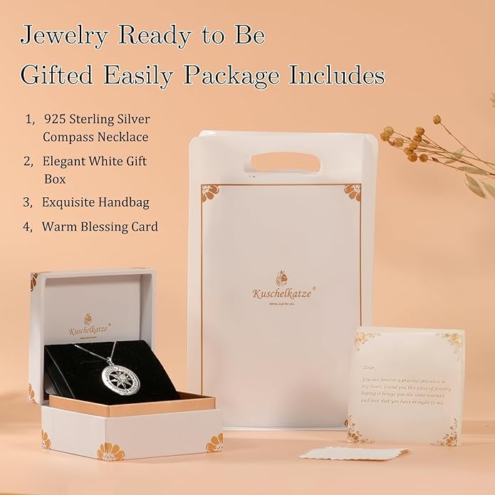 Kuschelkatze 1 Carat Moissanite Compass Pendant Necklace in Sterling Silver – Engraved 'I'd Lost Without You' – Symbol of Love, Direction & Unwavering Bond