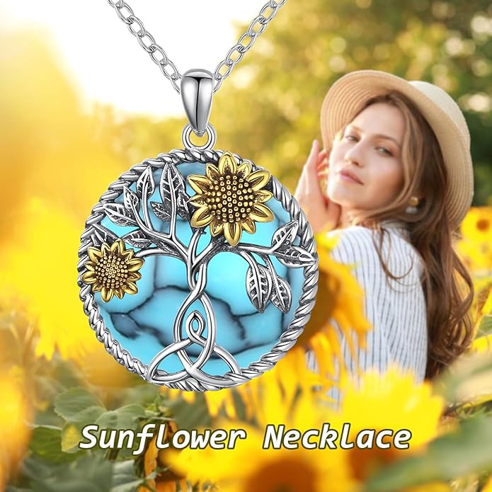 CHENGHONG Sunflower Necklace 925 Sterling Silver Tree of Life Necklace Daisy/Rose/Sunflower Pendant Necklace Sunflower Jewelry Gifts for Women Mom