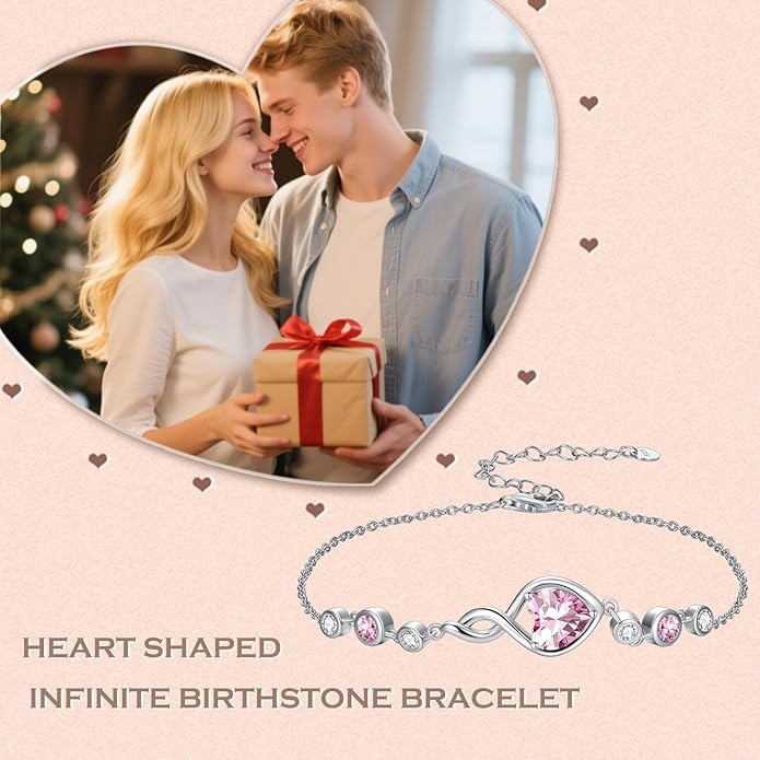 Infinity Birthstone Bracelet 925 Sterling Silver Heart Love Infinity Link Bracelet Fine Jewelry Birthday Christmas Gifts for Women Girlfriend Wife