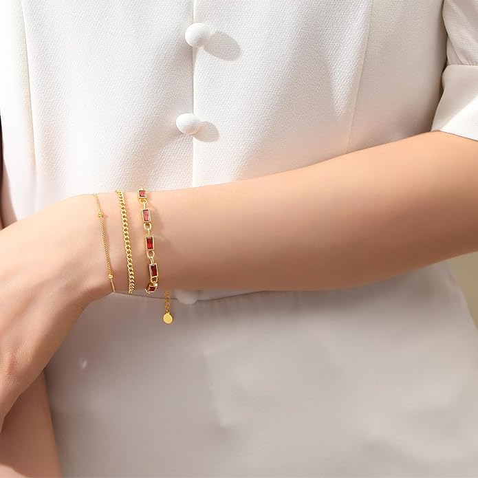 Gold Birthstone Bracelet for Women, 18K Gold Plated Layered Jewelry Bracelet Set, Women Dainty Stackable Bracelets Link Paperclip Chain Valentines Day Gift for Women