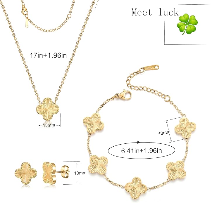 Lucky Clover Sets, 18K Gold Plated Four Leaf Bracelet, Necklace Pendant, Earrings for Women Flower Link Bracelets Set Jewelry Gifts for Women