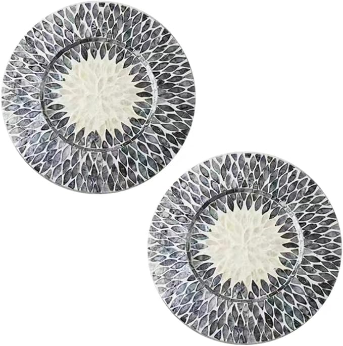 i-lan 2 Pack 13 Inch Mother of Pearl Decorative Charger Plates for Display, Sea Shell Inlay Wood Charger Plates for Dining, Party, Modern Style Decor Placemats for Dinner Plates,Black
