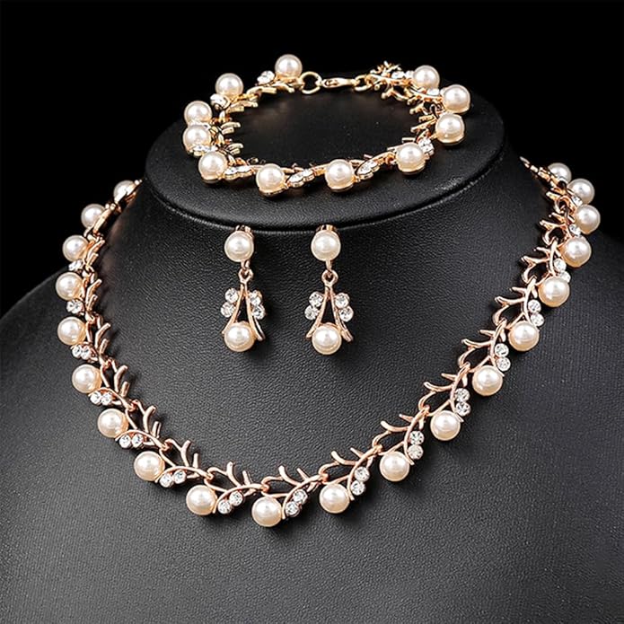 Rrdaily Rhinestone Pearl Wedding Jewelry Set for Bride Bridesmaid Bohemia Adjustable Beaded Crystal Bracelet Necklace Exaggerated Pearl Earring Set for Women