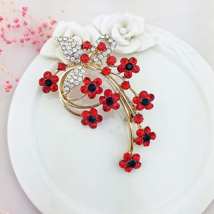 YOQUCOL Red Colour Zircon Crystal Poppy Flower Bouquet Shape Brooch Pins for Woman Gift