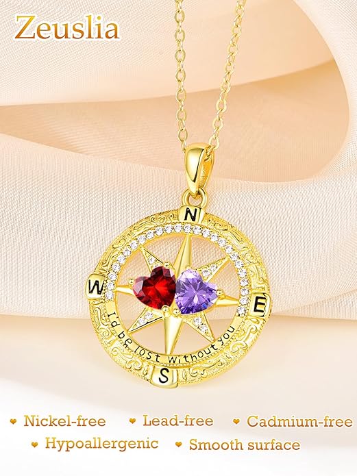 Zeuslia Double Birthstone Necklace Gifts for Wife - 925 Sterling Silver Sunflower/Rose/Crown Cross/Compass/Heart Pendant I Love You Necklace, Anniversary Birthday Gifts for Wife Girlfriend Mom Her