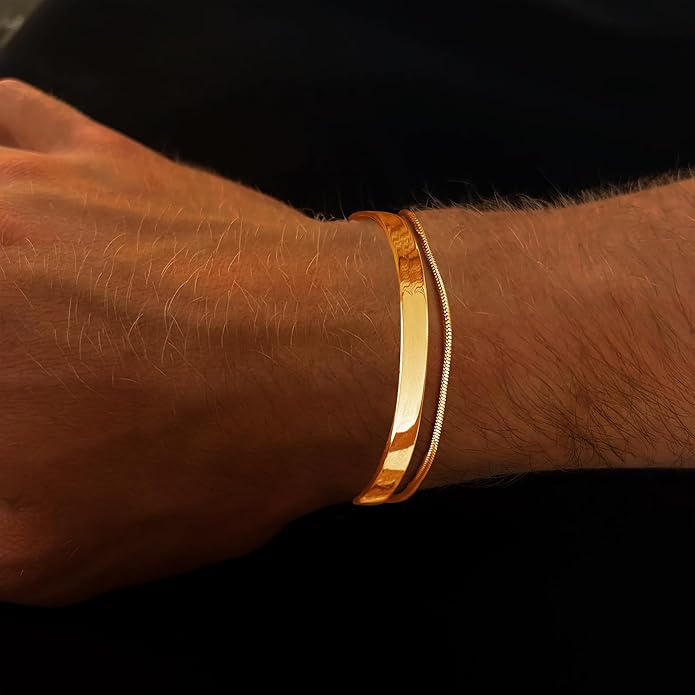 Moodear Stackable Bracelets for Men - Dainty 925 Sterling Silver/14K Gold Plated Cuff Snake Box Cuban Link Chain Bangle Bracelet Set Mens Jewelry
