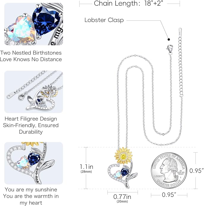 PERJI Valentine's Day Gifts for Women - 925 Sterling Silver Double Birthstone Sunflower Necklace, Anniversary Birthday Jewelry You are My Sunshine Gifts for Wife Couple Girlfriend 18"+2" Non Tarnish