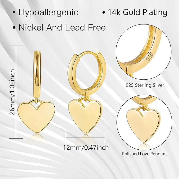 925 Sterling Silver Heart Dangle Earrings for Women Silver Dangle Leverback Earrings Hypoallergenic Love Heart Dangle Drop Earrings for Jewelry Gifts