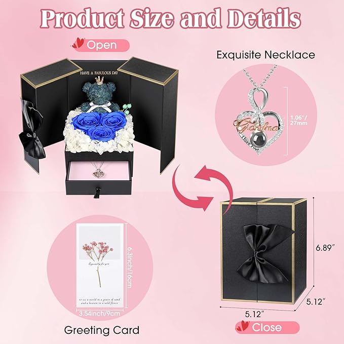 ADDWel Great Gifts for Grandma, Preserved Real Roses with I Love You 100 Languags Grandma Necklace, Cute Bear and Meaningful Eternal Roses for Grandmother Nana Birthday