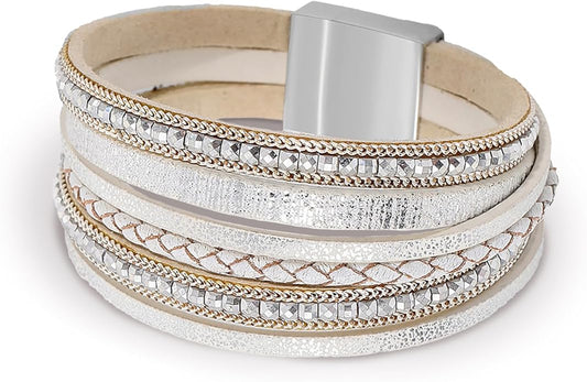 Fesciory Leather Wrap Bracelets for Women, Boho Leopard Multi-Layer Crystal Beads Cuff Bracelet Jewelry