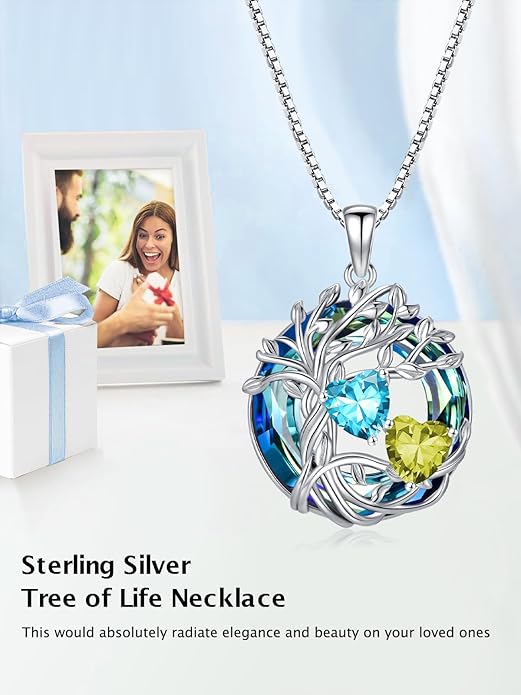 TOUPOP s925 Sterling Silver Family Celtic Tree of Life Pendant Necklaces with 2 Heart Birthstone with Blue Austrian Crystal Jewelry Birthday Anniversary Christmas Gifts for Her Wife Girlfriend Mom (18K Real White Gold Filled)