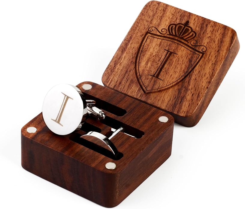 Mens Initial Silver Cufflinks A-Z Alphabet Letter Steel Cuff Links with Engraved Walnut Wood Box Groom Groomsman Wedding Set…
