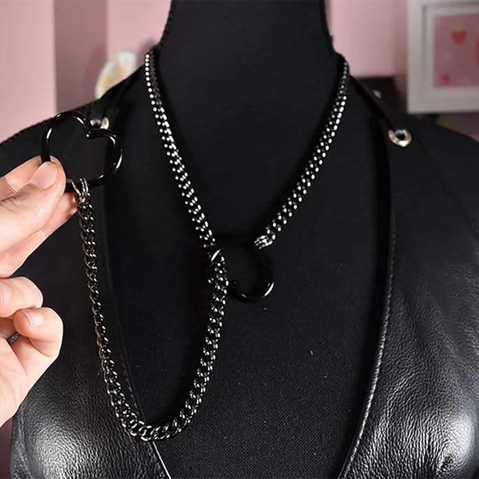 Heart Slip Chain Necklaces for Women,Stainless Steel O-Ring Adjustable Lariat Y-Necklace,Punk Gothic Cuban Collar Choker Necklace for women