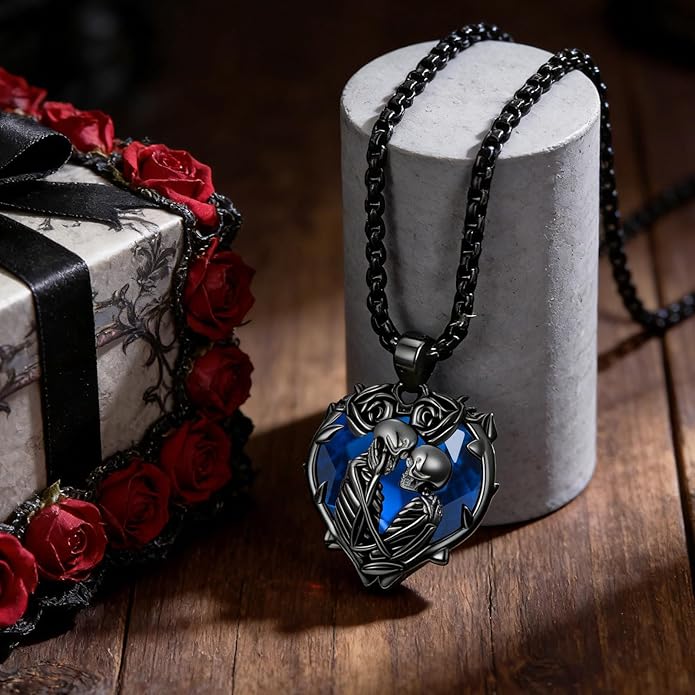 Flpruy 925 Sterling Silver Black Gothic Jewelry Gifts Skeleton Couple Pendant Crystal Birthstone Heart Necklace Punk Romantic Jewelry for Lover Men Women