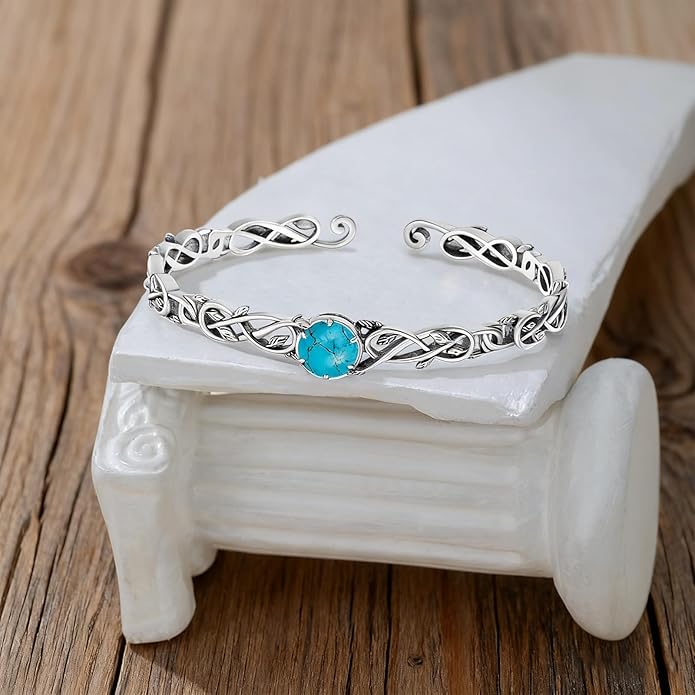 Natural Gemstone Vine Filigree Cuff Bracelet, 925 Sterling Silver Vintage Adjustable Bangle, Boho Floral Jewelry Gift for Women