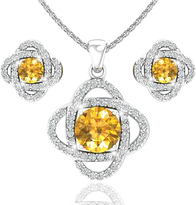 Belinda Jewelz Women 925 Sterling Silver Cute Love Knot Sparkling Gemstone Push Back Stud Earrings Hanging Pendant Necklace Beautiful Fine Jewelry Accessory Set, 1.65 Carat