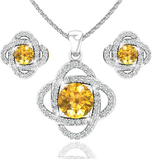 Belinda Jewelz Women 925 Sterling Silver Cute Love Knot Sparkling Gemstone Push Back Stud Earrings Hanging Pendant Necklace Beautiful Fine Jewelry Accessory Set, 1.65 Carat