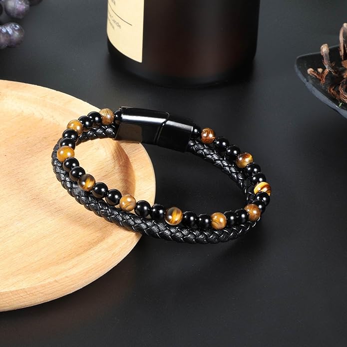 Tiger Eye Black Leather Bracelet Men Natural Tiger Eye Gemstone Crystal Stone Jewelry Handmade Courage And Stress Relief Protection Bracelet