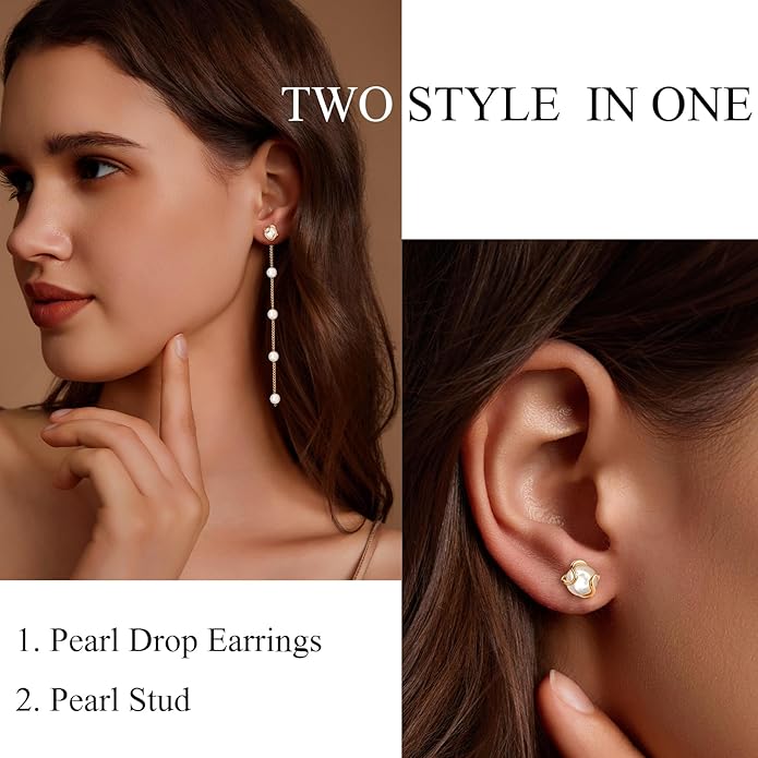 Zeffy Pearl Earrings for Women 14k Gold/Silver Pearl Drop Earrings Long White Pearl Tassel Dangle Statement Earrings Bridal Wedding Dainty Prom Earrings Birthday Gifts Jewelry