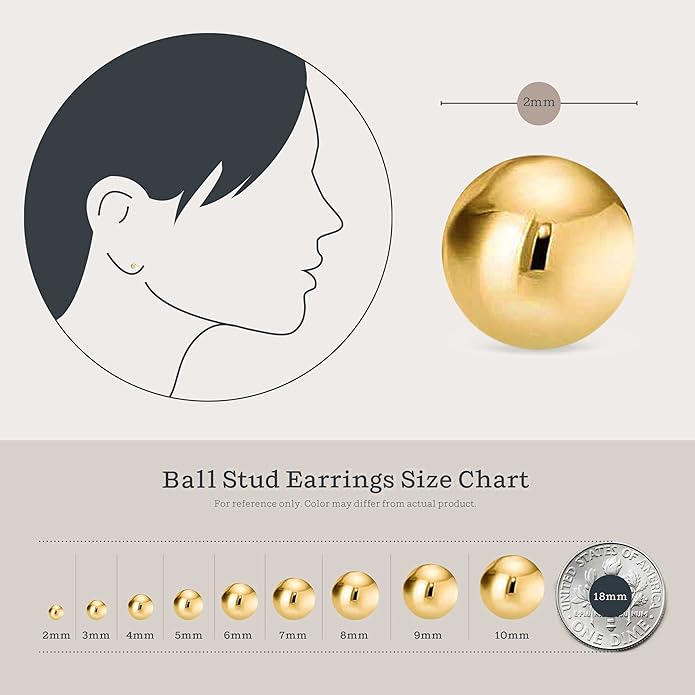 KEZEF Sterling Silver Ball Stud Earrings Hypoallergenic Earrings for Women | Available in Sterling Silver, Rose Gold, or 14K Gold Plated Silver (2mm-10mm)