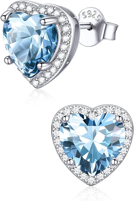 ChicSilver 925 Sterling Silver Birthstone Earrings for Women, 8MM/2 Carat Heart & Round Cubic Zirconia Stud Earrings, Hypoallergenic Jewelry, Ideal Birthday or Christmas Gifts