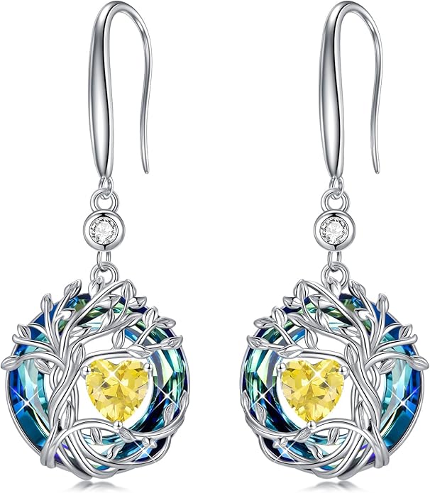 TOUPOP Tree of Life Birthstone Earrings for Women 925 Sterling Silver Family Tree Dangle Earrings Austrian Crystal Jewelry Birthday Christmas Gifts for Her Girlfriend Wife Mom