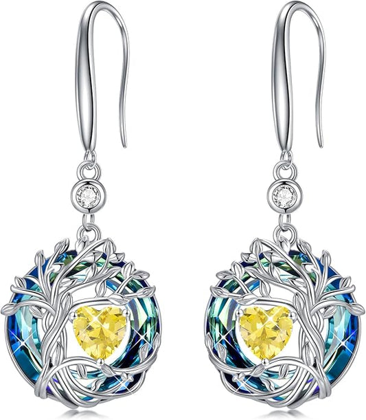 TOUPOP Tree of Life Birthstone Earrings for Women 925 Sterling Silver Family Tree Dangle Earrings Austrian Crystal Jewelry Birthday Christmas Gifts for Her Girlfriend Wife Mom