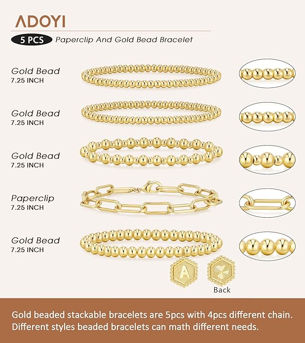 adoyi Gold Bracelets for Women Waterproof, 14K Gold Plated Beaded Strand Bead Ball Bracelets stack Adjustable Jewelry Set for Gifts
