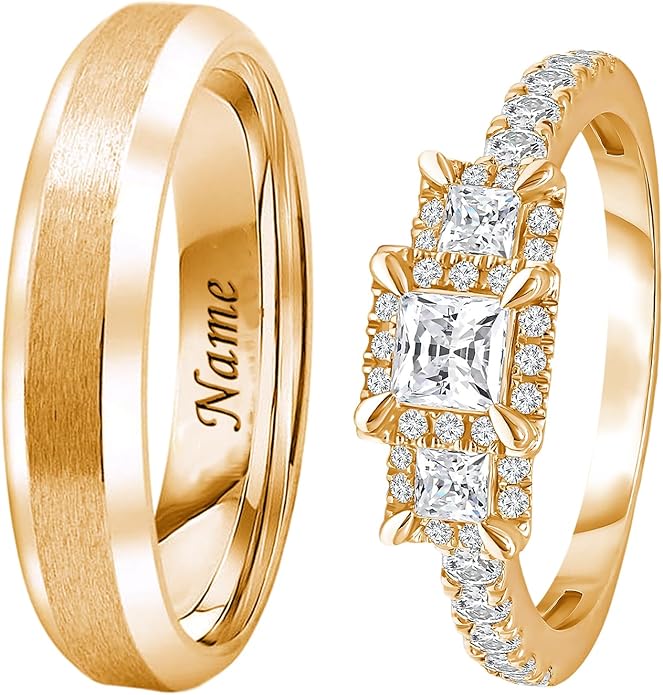 Rikelus Moissanite Engagement Ring Sets for Couples,10K 14K 18K Solid Gold Heart/Princess/Round Cut Bridal Ring Sets,Customized Matching Wedding Bands Set for Men and Women Free Engraving