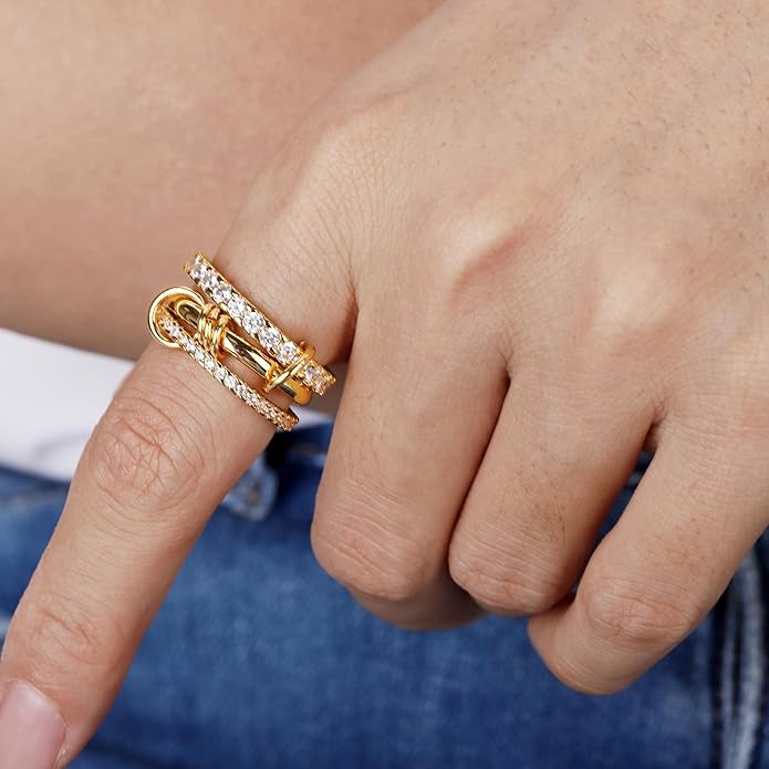 Gold Stackable Rings for Women Non Tarnish, 18K Gold Plated CZ Cubic Zirconia Rings, Golden Rings Set, Multi-Link Connected Rings