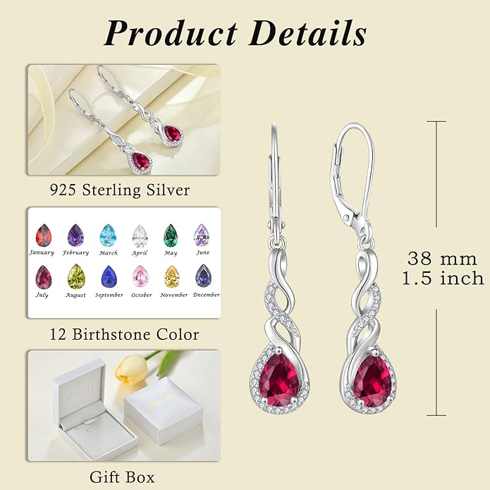 Infinity Dangle Drop Earrings for Women 925 Sterling Silver Teardrop Leverback Earrings Birthstone Jewelry Gifts for Women Wife Girlfriend Mother Daughter Her