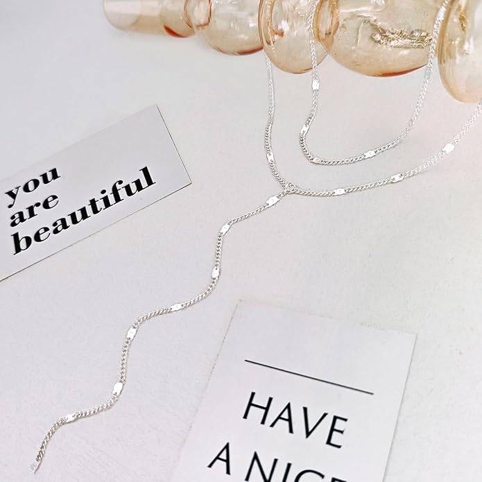 Zeffy Lariat Gold Necklace for Women, Dainty Long Necklace 14k Gold/Silver Plated Layered CZ Beaded Bar Chain Y-Shaped Body Chain Stack Drop Wedding Necklace Trendy Simple Gold Jewelry Gifts