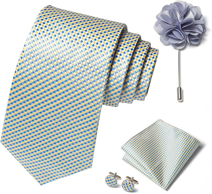 joy alice Ties Set Men Mixed Color Necktie Handkerchief Cufflinks Brooch 3.15 Formal