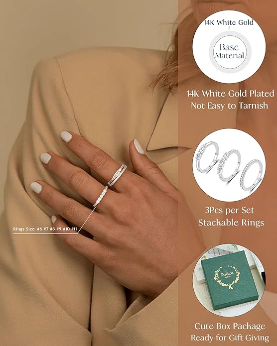 FUNEIA Stackable Silver Gold Rings for Women Non Tarnish 14K Gold Plated Thumb Cubic Zirconia Rings for Women Dainty Pinky Promise Wedding Ring Set Women's Engagement Eternity Band Rings Gold Jewelry