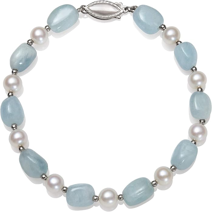 Belacqua Cultured Freshwater Pearl and Natural Milky Blue Aquamarine Strand Bracelet in Sterling Silver, Length - 7.5 Inches, Fishhook Clasp, Real Pearl Jewelry for Women, Gift Box Included