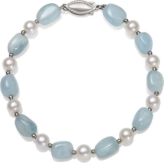 Belacqua Cultured Freshwater Pearl and Natural Milky Blue Aquamarine Strand Bracelet in Sterling Silver, Length - 7.5 Inches, Fishhook Clasp, Real Pearl Jewelry for Women, Gift Box Included