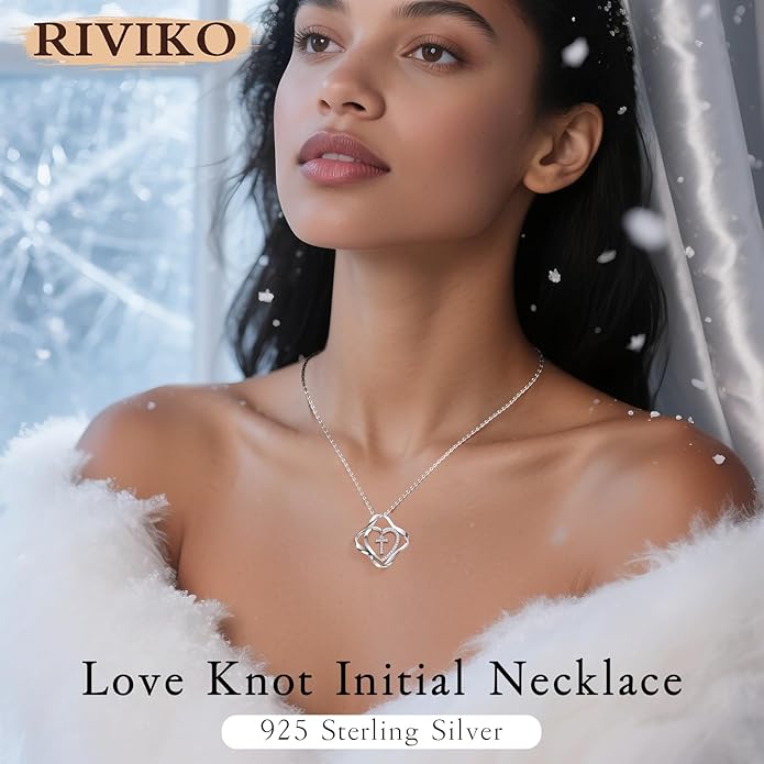 RIVIKO Love Knot Initial Necklace,925 Sterling Silver Letter Pendant Necklaces,Personalized Alphabet Jewelry Christmas Birthday Gifts for Women Wife Mom Friend
