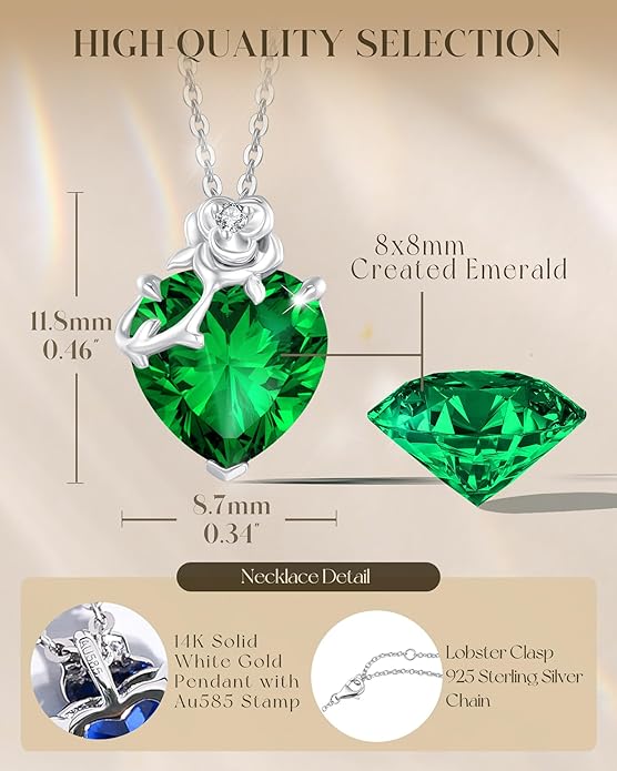 FANCIME 14K Solid White Gold Rose Pendant with Sterling Silver Chain Heart Birthstone Gemstone Fine Jewelry Christmas Gifts for Women Her