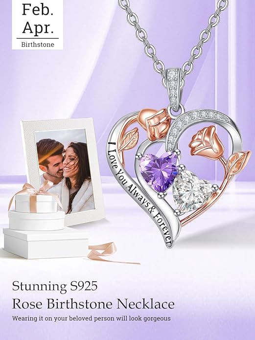 Zeuslia Double Birthstone Necklace Gifts for Wife - 925 Sterling Silver Sunflower/Rose/Crown Cross/Compass/Heart Pendant I Love You Necklace, Anniversary Birthday Gifts for Wife Girlfriend Mom Her
