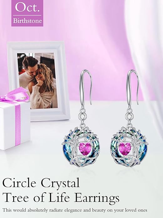 TOUPOP Tree of Life Birthstone Earrings for Women 925 Sterling Silver Family Tree Dangle Earrings Austrian Crystal Jewelry Birthday Christmas Gifts for Her Girlfriend Wife Mom