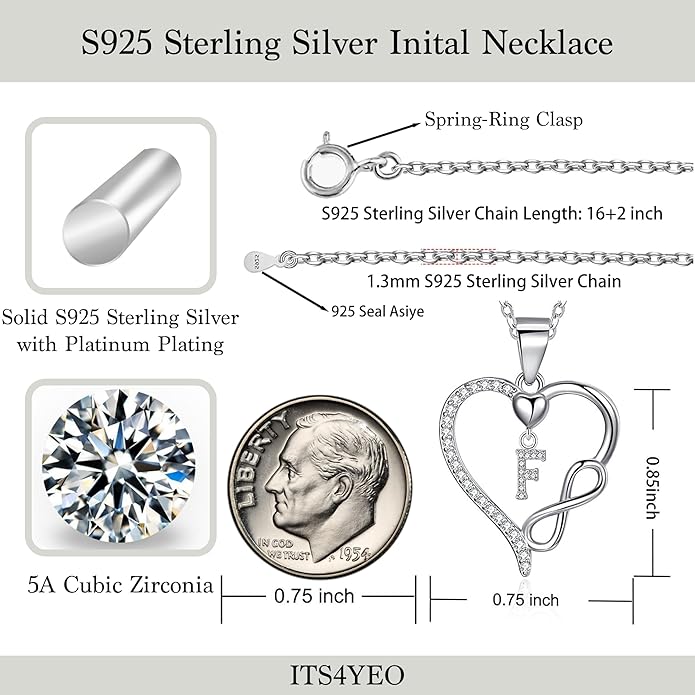 Valentines Day Gifts for Women Hers, Dainty 925 Sterling Silver Infinity Heart Initial Necklace, Letter A-Z Zircon Pendant, Jewelry Gift for Wife