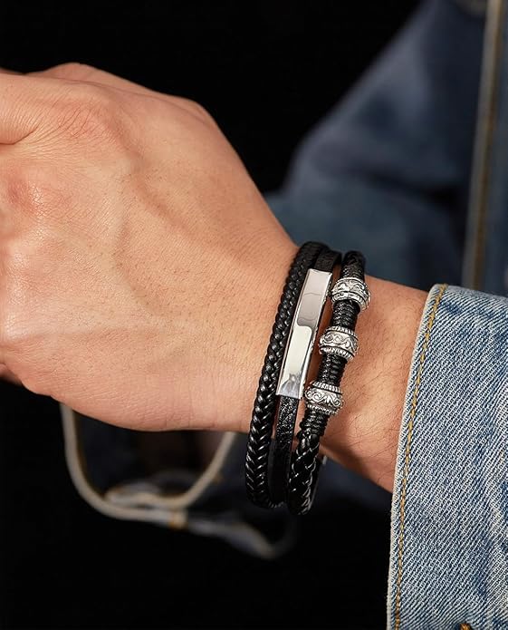 Italian Handmade Genuine Leather Bracelets for Men Stainless Steel Clip, Men's Casual Genuine Multi-layer Cuff Bracelet, Bracelet Gift for Real Men
