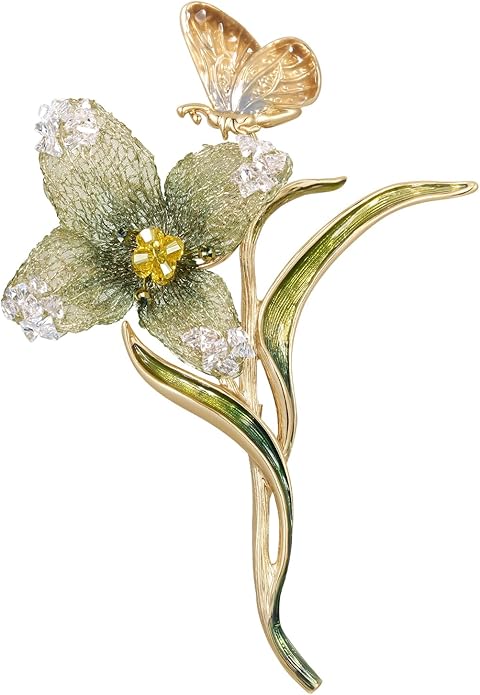 Handmade Embroidery Flower Brooch Pins for Women, SHE'S FREE STYLE JUST FOR YOU Luxury Gradient Stitching Floral Brooch Pins with Crystal stamen, Enamel Metal Butterfly with Green Leaves, Hand Dripping Oil Jewelry pins