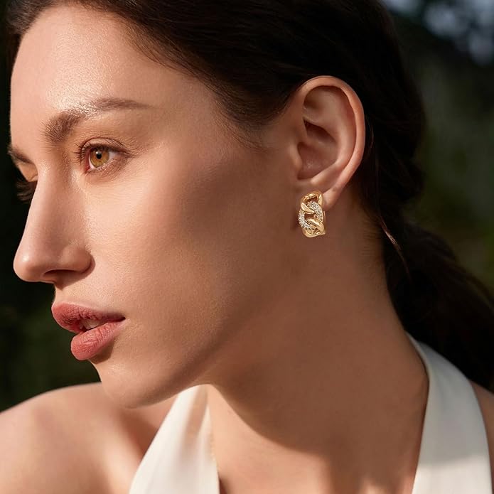 Gold Huggie Hoop Earrings 14K Gold Plated Dainty Chunky Thick Hoop Diamond Cubic Zriconia Inlay Sleeper Tiny Delicate Boho Beach Simple Hypoallergenic Jewelry Gift for Her