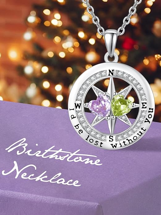 JIYVY32 Compass Birthstones Necklace for Women, Exquisite S925 Necklace Anniversary Birthday Gifts for Wife Her Double Birthstone Pendant jewelry ‘I'd be Lost Without You’
